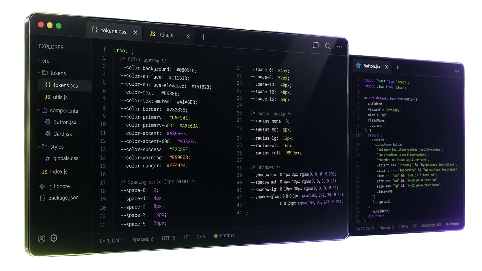 Code editor showing a design system