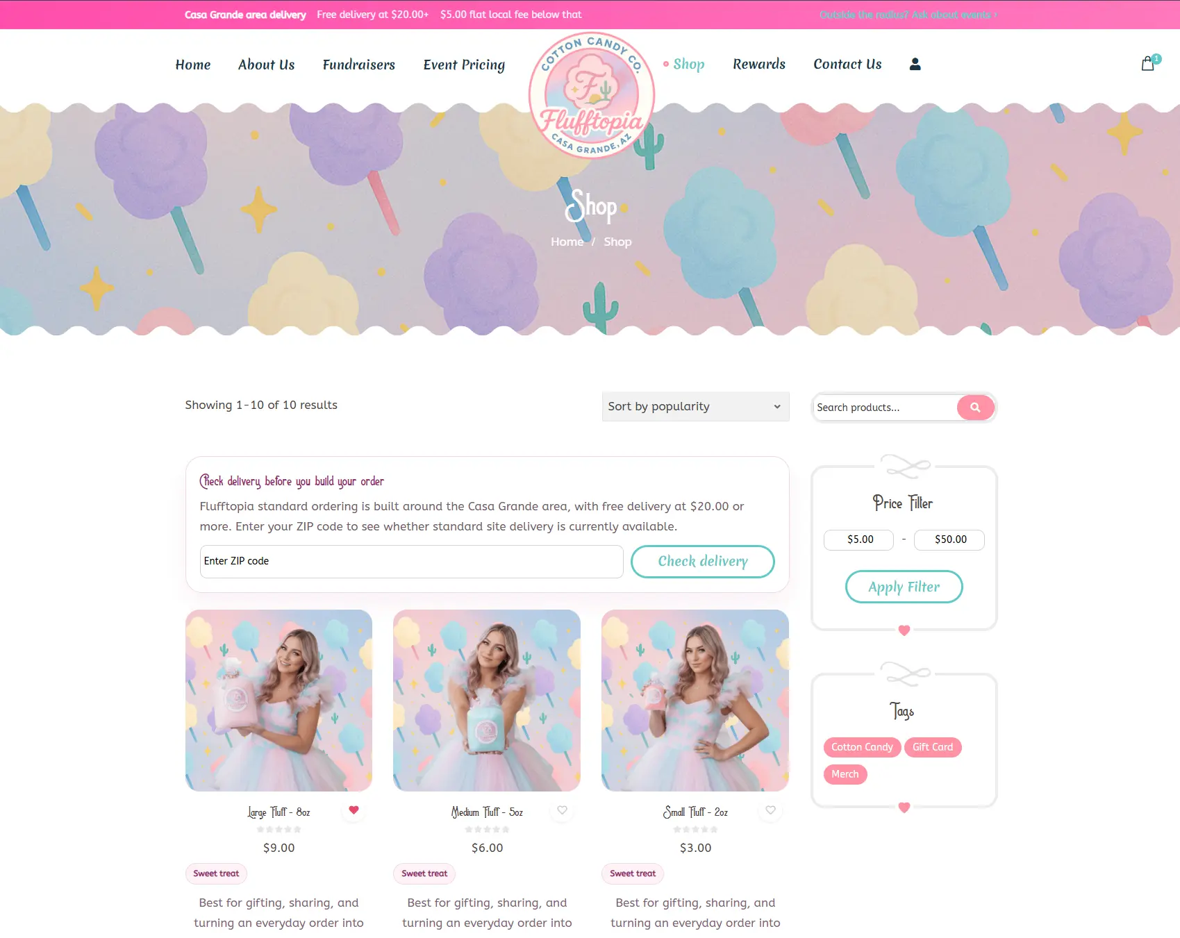 Flufftopia storefront with menu and cart