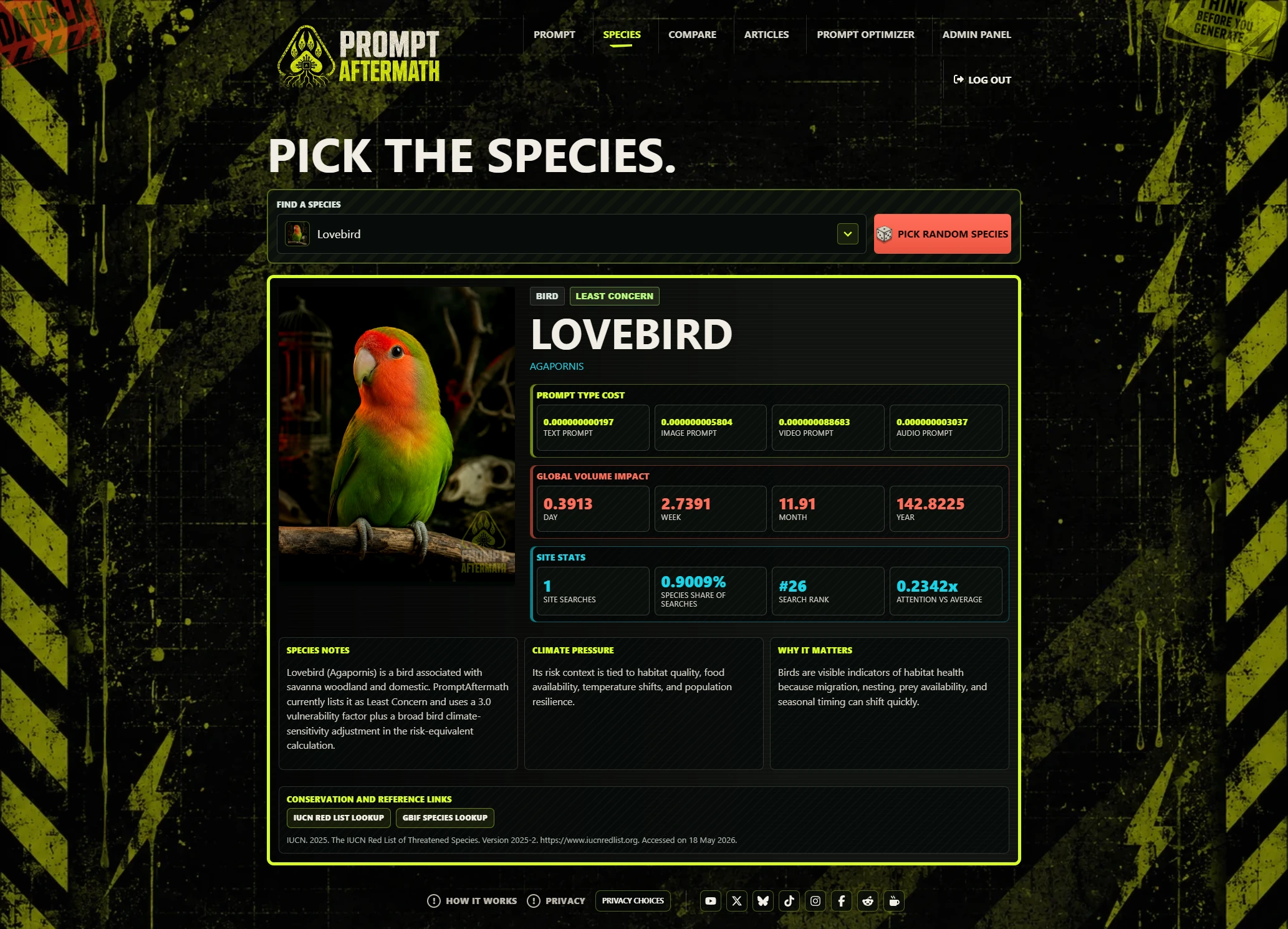 Dedicated species information screen